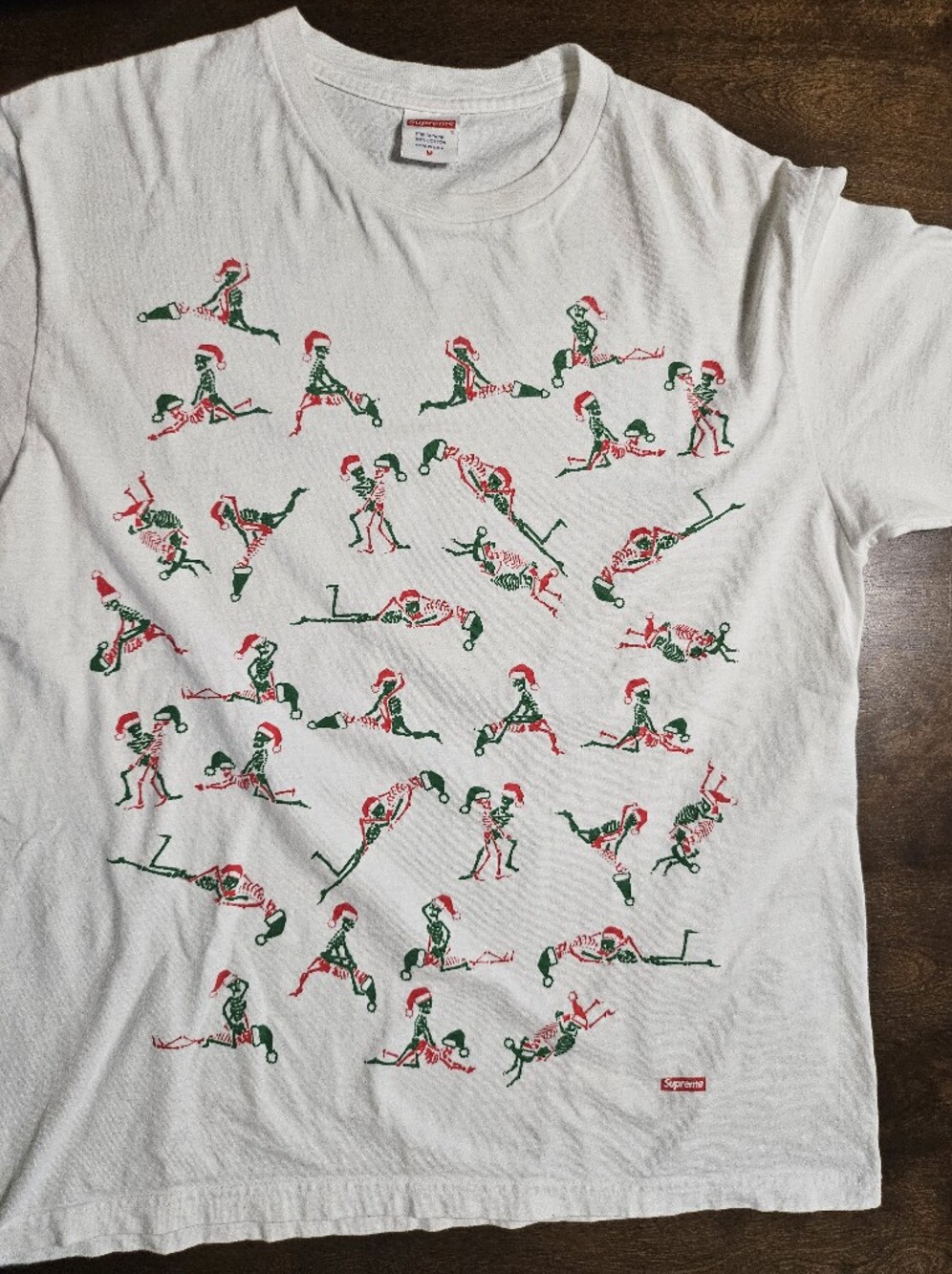 Supreme White Tee with Funny Red & Green Santa Skeletons Size Medium